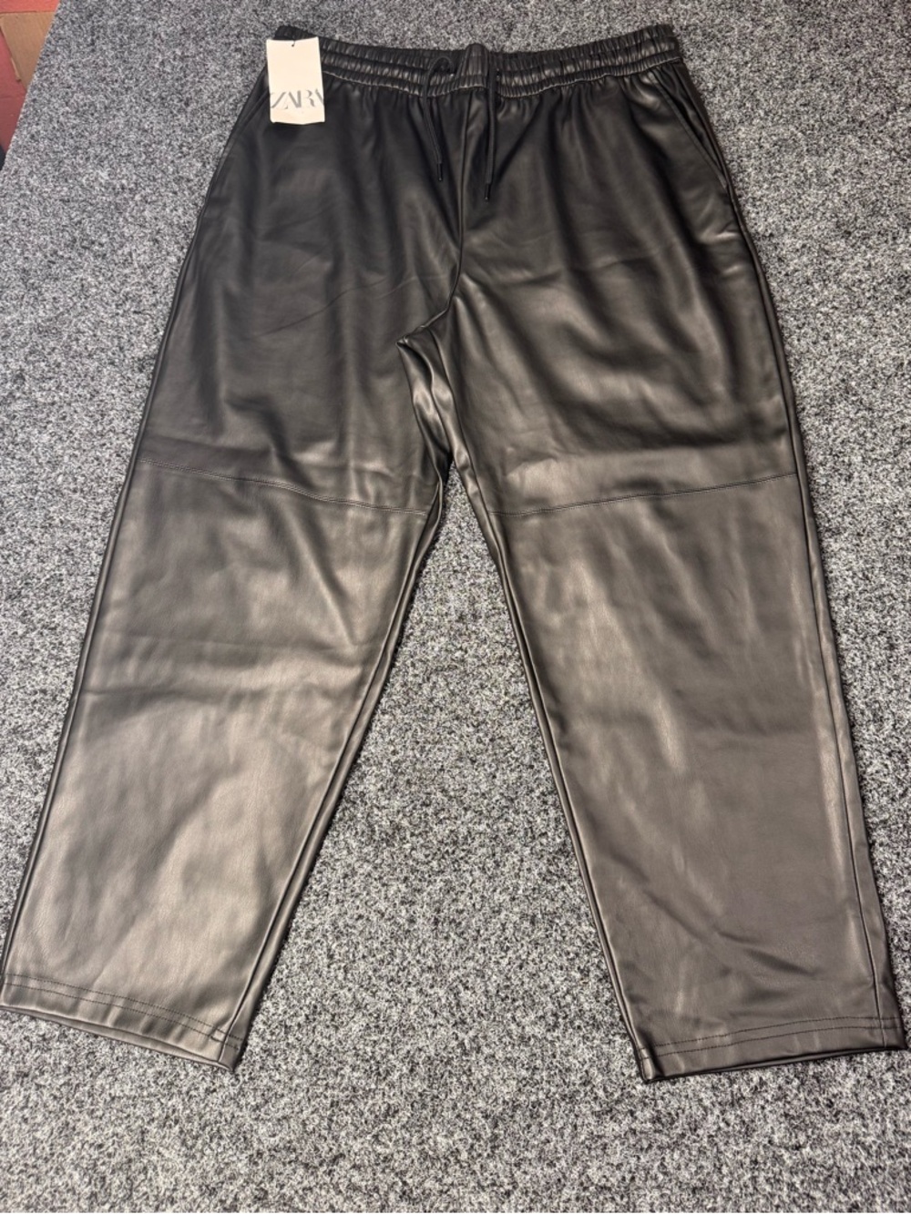 ZARA Black Jogger Faux Leather Pants with Drawstring Elastic Waist - XL NWT